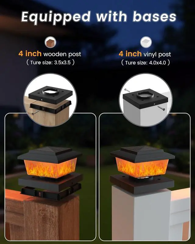 Alt view image 3 of 6 - VOLISUN Solar Fence Post Cap Lights 6pack, Black Solar Deck Cap Flame Light Outdoor Waterproof, High Brightness Flickering Flame SMD LED Lighting, for 4x4 Wooden/4x4 5x5 Vinyl Post