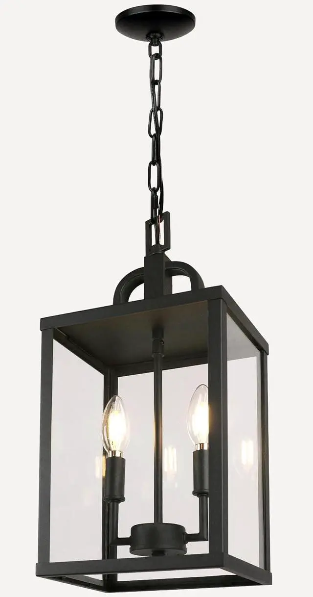 Main image of Large Outdoor Indoor Pendant Light 2-Light, Modern Black Metal Outside Chandelier Exterior Hanging Fixture Ceiling Mount with Clear Glass Shade for Front Porch Entrance Foyer Entryway (Bulb Included)