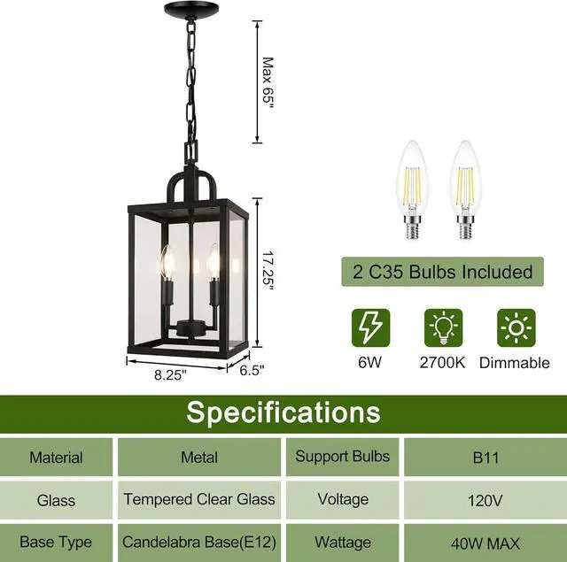 Alt view image 2 of 7 - Large Outdoor Indoor Pendant Light 2-Light, Modern Black Metal Outside Chandelier Exterior Hanging Fixture Ceiling Mount with Clear Glass Shade for Front Porch Entrance Foyer Entryway (Bulb Included)