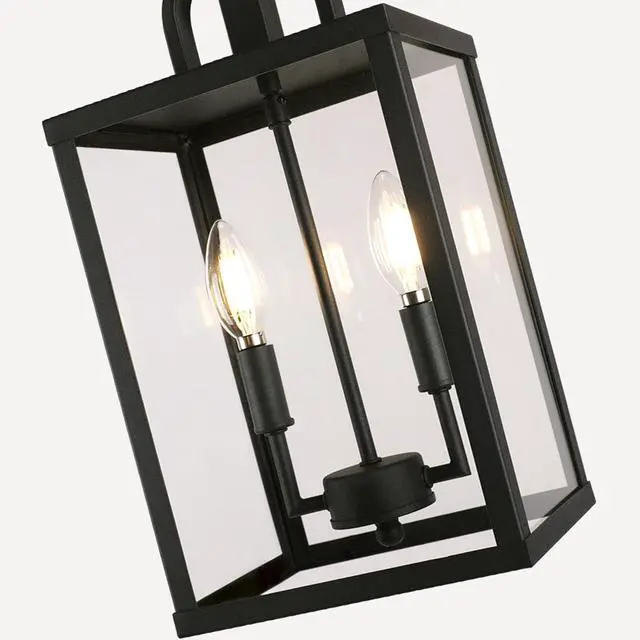 Alt view image 4 of 7 - Large Outdoor Indoor Pendant Light 2-Light, Modern Black Metal Outside Chandelier Exterior Hanging Fixture Ceiling Mount with Clear Glass Shade for Front Porch Entrance Foyer Entryway (Bulb Included)