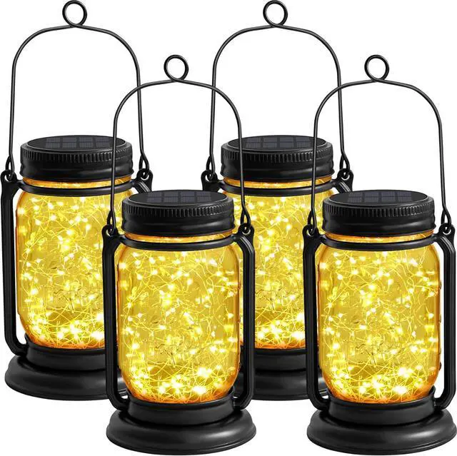 Main image of 4 Pack Hanging Solar Lantern Lights,Vintage Glass Mason Jar Solar Fairy Lights, Mothers Day Gifts for Woman Mom Grandmom,Outdoor Decorative Waterproof Table Lamp with Stakes for Patio Yard Lawn Tree