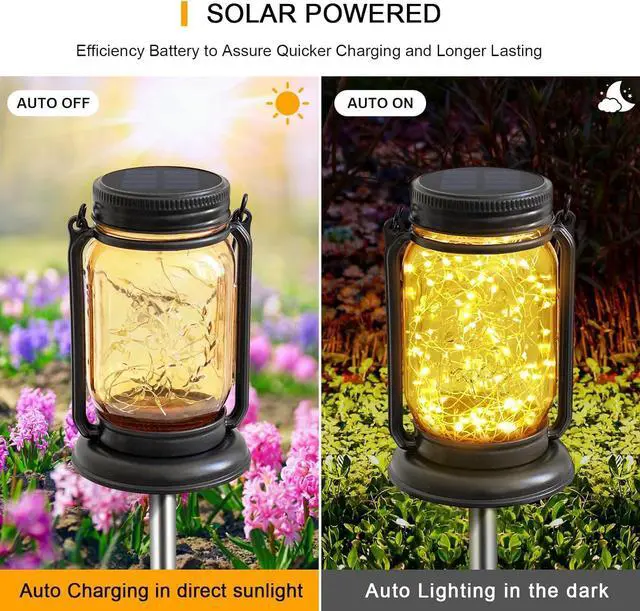 Alt view image 2 of 7 - 4 Pack Hanging Solar Lantern Lights,Vintage Glass Mason Jar Solar Fairy Lights, Mothers Day Gifts for Woman Mom Grandmom,Outdoor Decorative Waterproof Table Lamp with Stakes for Patio Yard Lawn Tree