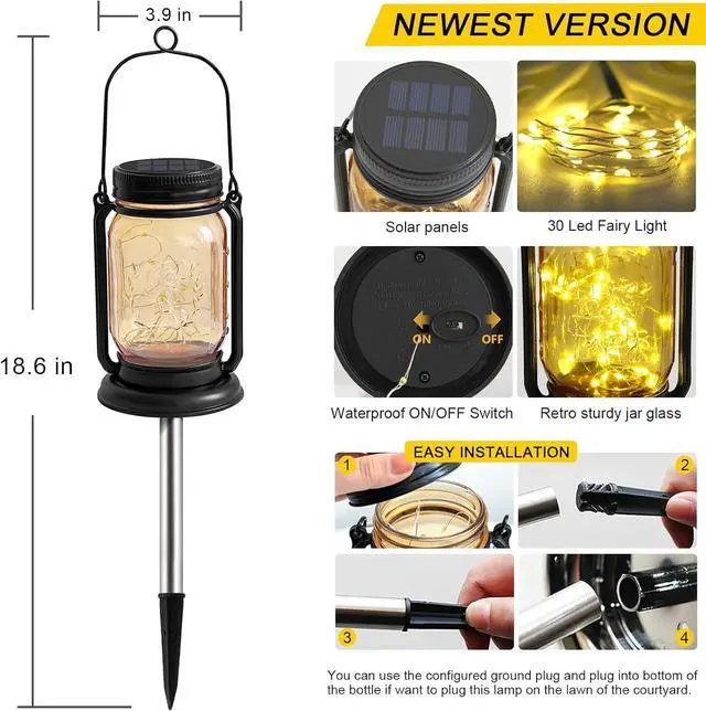 Alt view image 4 of 7 - 4 Pack Hanging Solar Lantern Lights,Vintage Glass Mason Jar Solar Fairy Lights, Mothers Day Gifts for Woman Mom Grandmom,Outdoor Decorative Waterproof Table Lamp with Stakes for Patio Yard Lawn Tree