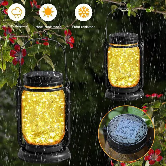 Alt view image 3 of 7 - 4 Pack Hanging Solar Lantern Lights,Vintage Glass Mason Jar Solar Fairy Lights, Mothers Day Gifts for Woman Mom Grandmom,Outdoor Decorative Waterproof Table Lamp with Stakes for Patio Yard Lawn Tree