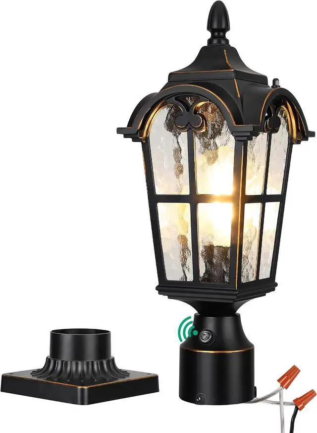 Main image of EDISHINE Dusk to Dawn Outdoor Post Light with Pier Mount Base, Hardwired Black Roman Waterproof Pole Lantern Fixture, Water Ripple Glass Exterior Lamp Post Light for Driverway, Patio, Pathway