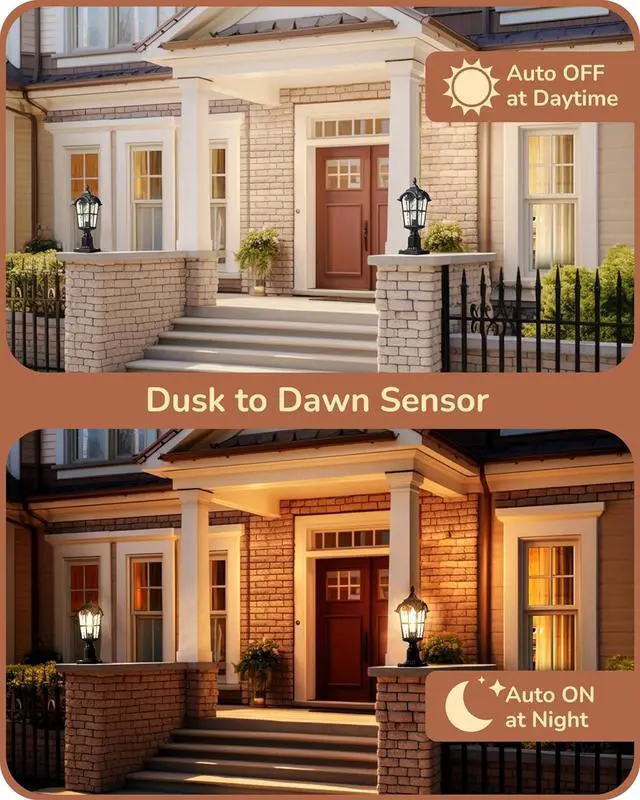 Alt view image 2 of 7 - EDISHINE Dusk to Dawn Outdoor Post Light with Pier Mount Base, Hardwired Black Roman Waterproof Pole Lantern Fixture, Water Ripple Glass Exterior Lamp Post Light for Driverway, Patio, Pathway