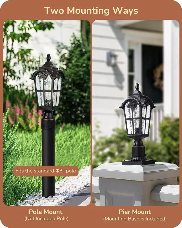Alt view image 4 of 7 - EDISHINE Dusk to Dawn Outdoor Post Light with Pier Mount Base, Hardwired Black Roman Waterproof Pole Lantern Fixture, Water Ripple Glass Exterior Lamp Post Light for Driverway, Patio, Pathway