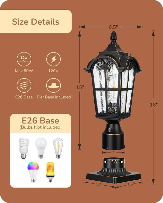 Alt view image 6 of 7 - EDISHINE Dusk to Dawn Outdoor Post Light with Pier Mount Base, Hardwired Black Roman Waterproof Pole Lantern Fixture, Water Ripple Glass Exterior Lamp Post Light for Driverway, Patio, Pathway