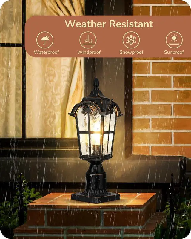 Alt view image 5 of 7 - EDISHINE Dusk to Dawn Outdoor Post Light with Pier Mount Base, Hardwired Black Roman Waterproof Pole Lantern Fixture, Water Ripple Glass Exterior Lamp Post Light for Driverway, Patio, Pathway
