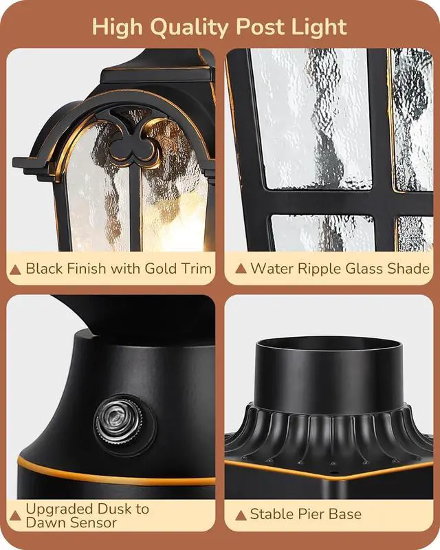 Alt view image 7 of 7 - EDISHINE Dusk to Dawn Outdoor Post Light with Pier Mount Base, Hardwired Black Roman Waterproof Pole Lantern Fixture, Water Ripple Glass Exterior Lamp Post Light for Driverway, Patio, Pathway