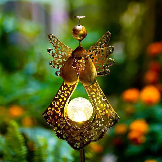 Alt view image 3 of 7 - Starryfill Angel Stake Solar Lights with Crackle Glass Globe Waterproof Warm White LED, 40.5 inches Height Metal Bronze Stake Garden Patio Art Decor, Memorial Gift for Mom Women or Friends