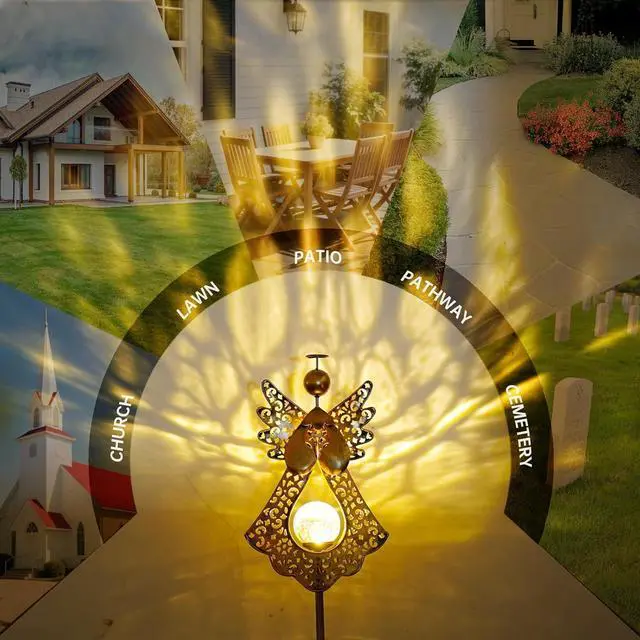 Alt view image 2 of 7 - Starryfill Angel Stake Solar Lights with Crackle Glass Globe Waterproof Warm White LED, 40.5 inches Height Metal Bronze Stake Garden Patio Art Decor, Memorial Gift for Mom Women or Friends