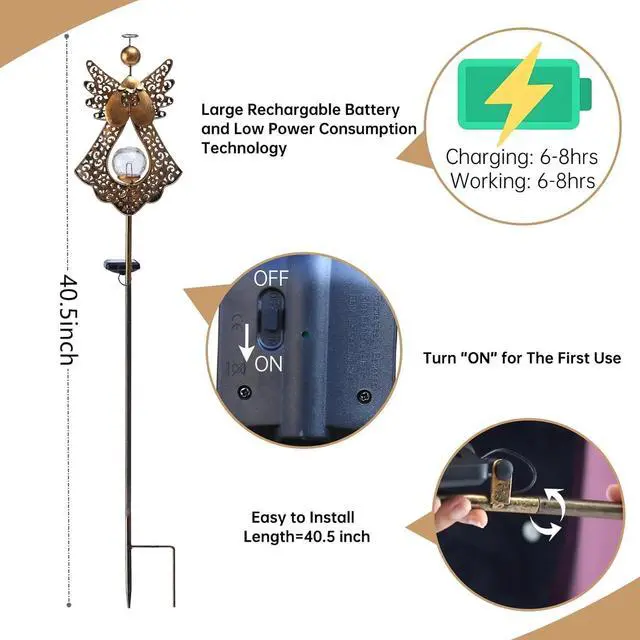 Alt view image 5 of 7 - Starryfill Angel Stake Solar Lights with Crackle Glass Globe Waterproof Warm White LED, 40.5 inches Height Metal Bronze Stake Garden Patio Art Decor, Memorial Gift for Mom Women or Friends