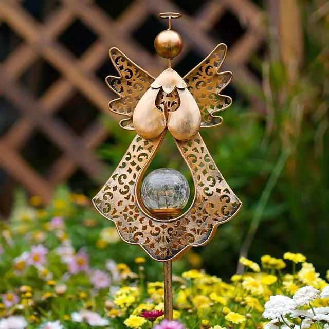 Alt view image 7 of 7 - Starryfill Angel Stake Solar Lights with Crackle Glass Globe Waterproof Warm White LED, 40.5 inches Height Metal Bronze Stake Garden Patio Art Decor, Memorial Gift for Mom Women or Friends