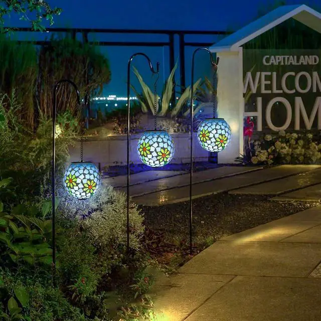 Alt view image 2 of 6 - VCUTEKA Solar Lanterns Outdoor Waterproof - Hanging Solar Lights Garden LED Lanterns Mosaic Glass Design for Landscape Patio Yard Garden Pathway Decoration