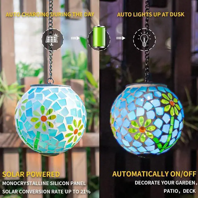 Alt view image 4 of 6 - VCUTEKA Solar Lanterns Outdoor Waterproof - Hanging Solar Lights Garden LED Lanterns Mosaic Glass Design for Landscape Patio Yard Garden Pathway Decoration