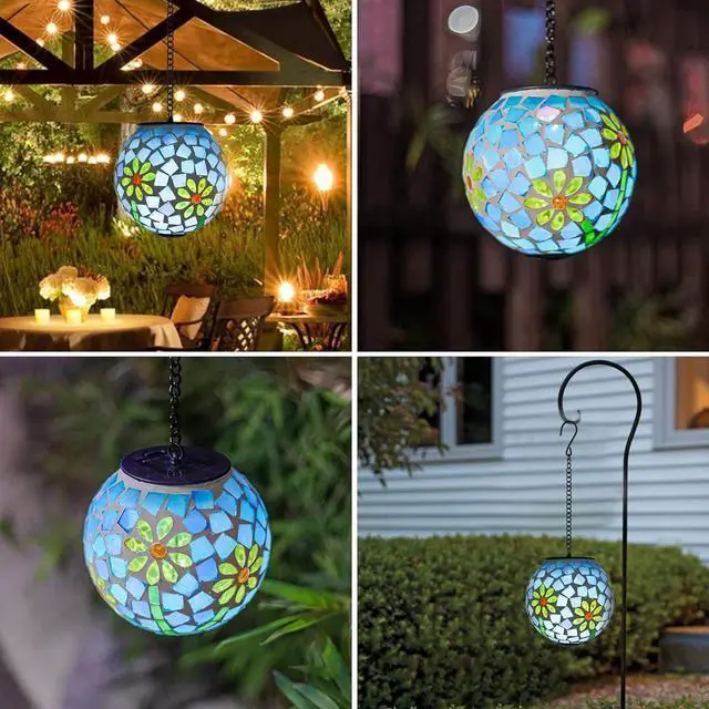 Alt view image 6 of 6 - VCUTEKA Solar Lanterns Outdoor Waterproof - Hanging Solar Lights Garden LED Lanterns Mosaic Glass Design for Landscape Patio Yard Garden Pathway Decoration