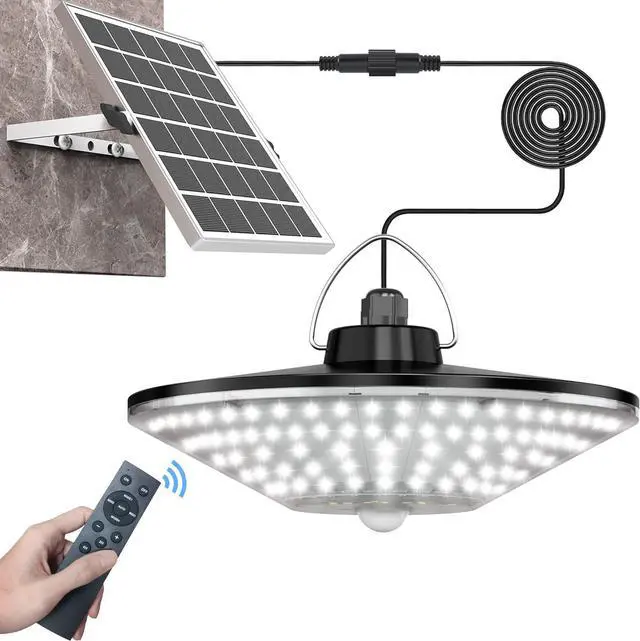 Main image of Solar Shed Light Outdoor Indoor Solar Powered Motion Sensor Light 198LED 1200LM Daytime Work Light with 5 Lighting Modes Remote Control IP65 Waterproof Solar Hanging Barn Ligh for Home Gazebo Shop