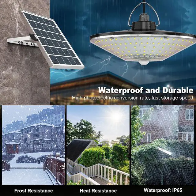 Alt view image 6 of 6 - Solar Shed Light Outdoor Indoor Solar Powered Motion Sensor Light 198LED 1200LM Daytime Work Light with 5 Lighting Modes Remote Control IP65 Waterproof Solar Hanging Barn Ligh for Home Gazebo Shop