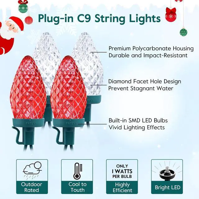 Alt view image 5 of 7 - Brightown C9 LED Christmas Lights Outdoor, 66 ft 100 LED Strawberry String Lights, Waterproof Commercial Grade Extendable for Outside Roofline Patio Home Xmas Decoration, Red and White