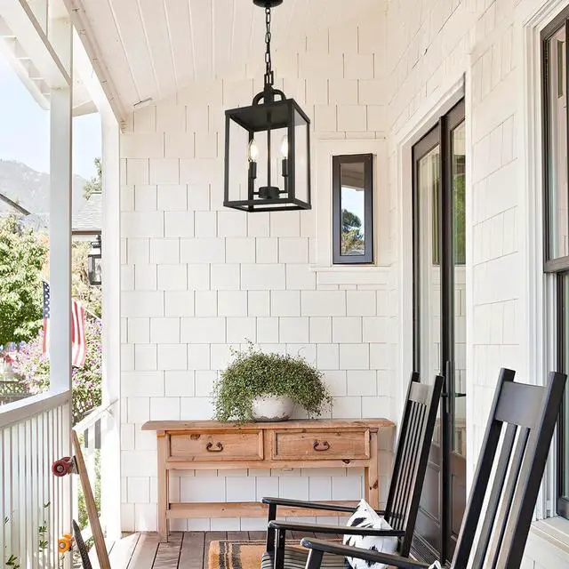 Alt view image 6 of 7 - Large Outdoor Indoor Pendant Light 2-Light, Modern Black Metal Outside Chandelier Exterior Hanging Fixture Ceiling Mount with Clear Glass Shade for Front Porch Entrance Foyer Entryway (Bulb Included)