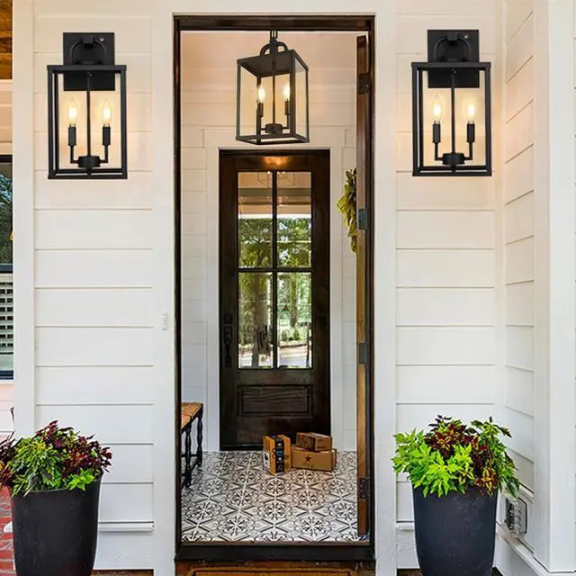 Alt view image 7 of 7 - Large Outdoor Indoor Pendant Light 2-Light, Modern Black Metal Outside Chandelier Exterior Hanging Fixture Ceiling Mount with Clear Glass Shade for Front Porch Entrance Foyer Entryway (Bulb Included)