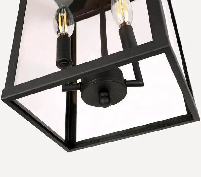 Alt view image 5 of 7 - Large Outdoor Indoor Pendant Light 2-Light, Modern Black Metal Outside Chandelier Exterior Hanging Fixture Ceiling Mount with Clear Glass Shade for Front Porch Entrance Foyer Entryway (Bulb Included)