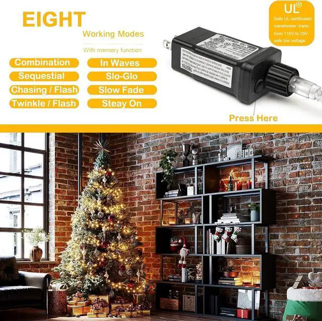 Alt view image 2 of 7 - Decute 300LED Christmas String Lights Outdoor Waterproof 105FT UL Certified with End-to-End Plug 8 Modes, Warm White Indoor Starry Fairy Lights for Christmas Tree Patio Garden Wedding Party Decor