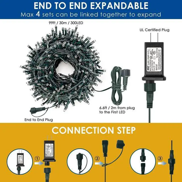 Alt view image 3 of 7 - Decute 300LED Christmas String Lights Outdoor Waterproof 105FT UL Certified with End-to-End Plug 8 Modes, Warm White Indoor Starry Fairy Lights for Christmas Tree Patio Garden Wedding Party Decor