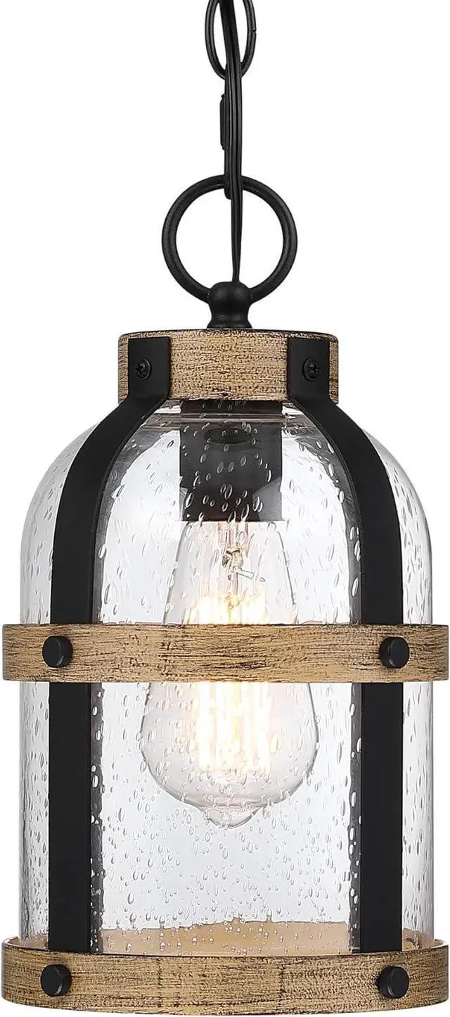 Main image of Outdoor Pendant Light for Porch,Waterproof Modern Exterior Hanging Lantern with Adjustable Chain, in Black and Wood Grain Finish with Air Bubble Glass for Front Door,Entryway,Farmhouse