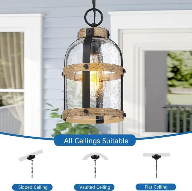 Alt view image 2 of 7 - Outdoor Pendant Light for Porch,Waterproof Modern Exterior Hanging Lantern with Adjustable Chain, in Black and Wood Grain Finish with Air Bubble Glass for Front Door,Entryway,Farmhouse