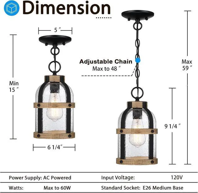 Alt view image 3 of 7 - Outdoor Pendant Light for Porch,Waterproof Modern Exterior Hanging Lantern with Adjustable Chain, in Black and Wood Grain Finish with Air Bubble Glass for Front Door,Entryway,Farmhouse