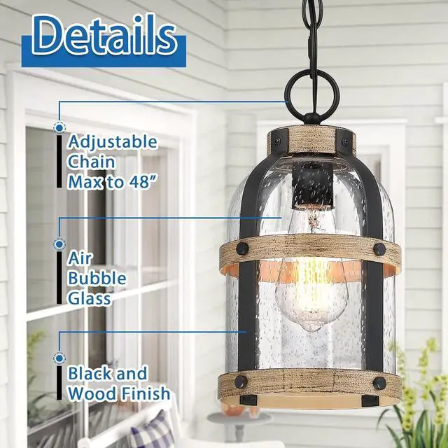 Alt view image 4 of 7 - Outdoor Pendant Light for Porch,Waterproof Modern Exterior Hanging Lantern with Adjustable Chain, in Black and Wood Grain Finish with Air Bubble Glass for Front Door,Entryway,Farmhouse