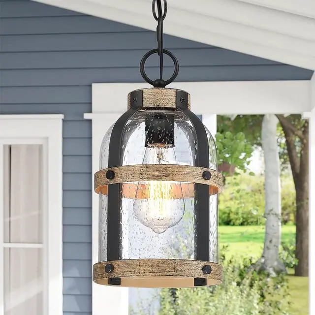 Alt view image 6 of 7 - Outdoor Pendant Light for Porch,Waterproof Modern Exterior Hanging Lantern with Adjustable Chain, in Black and Wood Grain Finish with Air Bubble Glass for Front Door,Entryway,Farmhouse