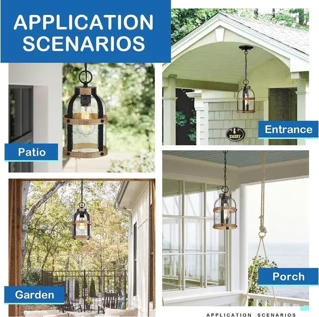 Alt view image 7 of 7 - Outdoor Pendant Light for Porch,Waterproof Modern Exterior Hanging Lantern with Adjustable Chain, in Black and Wood Grain Finish with Air Bubble Glass for Front Door,Entryway,Farmhouse