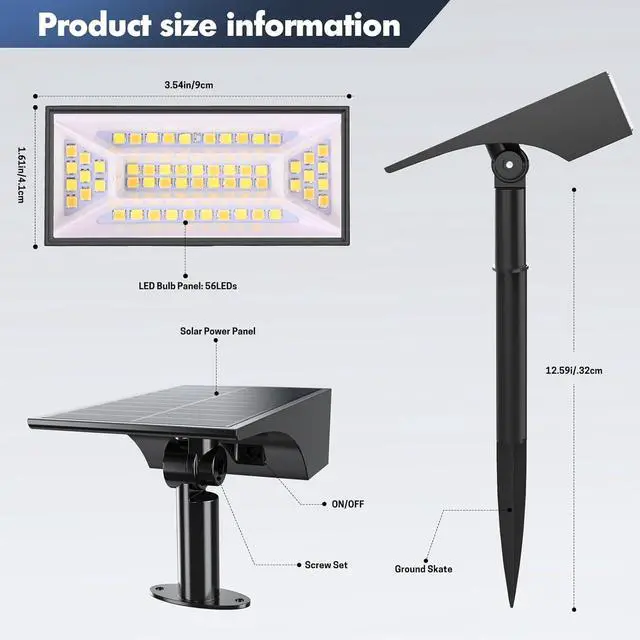 Alt view image 4 of 7 - Solar Landscape Spotlights Outdoor, Outside 56 LEDs Spot Lights IP68 Waterproof with 6 Brightness & 2 Color Modes, Auto On/Off for Tree, Yard, Pathway, Garden (Cool/Warm White)