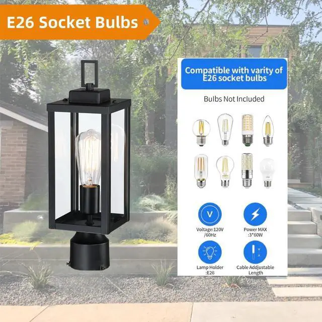 Alt view image 3 of 6 - WISBEAM Outdoor Post Light, Pole Lantern, E26 Base 60W Max, Metal Housing Plus Glass, ETL Qualified, Bulbs not Included