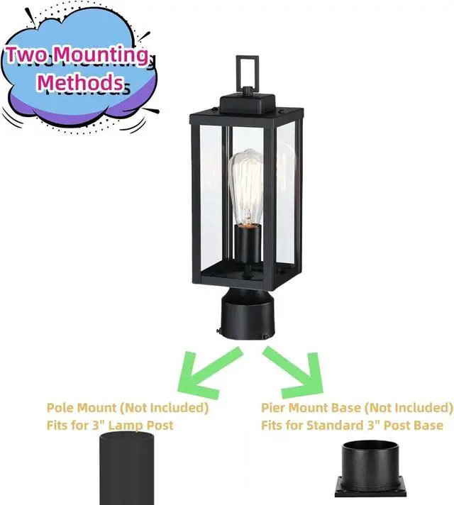 Alt view image 4 of 6 - WISBEAM Outdoor Post Light, Pole Lantern, E26 Base 60W Max, Metal Housing Plus Glass, ETL Qualified, Bulbs not Included