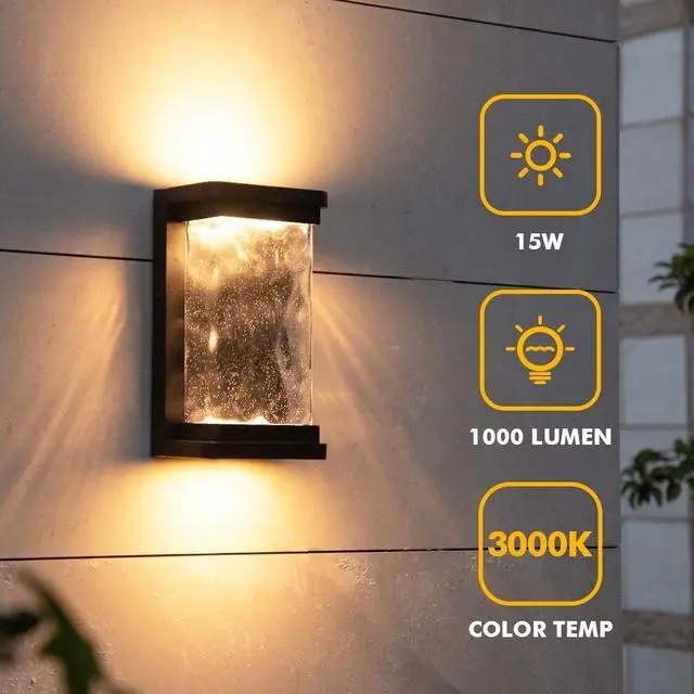 Alt view image 2 of 7 - LUTEC 1000 Lumen Outdoor LED Wall Light Fixture, Dusk to Dawn Porch Light Wall Sconce with Seeded Glass, Matte Black Wall Lantern Exterior Lighting for House Backyard Patio, 3000K