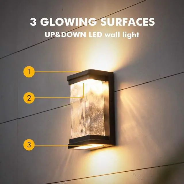 Alt view image 4 of 7 - LUTEC 1000 Lumen Outdoor LED Wall Light Fixture, Dusk to Dawn Porch Light Wall Sconce with Seeded Glass, Matte Black Wall Lantern Exterior Lighting for House Backyard Patio, 3000K