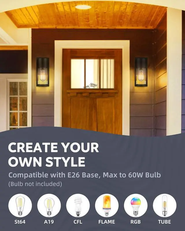 Alt view image 3 of 7 - Outdoor Wall Lights, 2 Pack Black Exterior Lighting Fixtures Outdoor Waterproof Wall Mount Lantern with Glass, Modern Outside Wall Sconce for House Porch Garage Doorway, 2254/1W-2PK