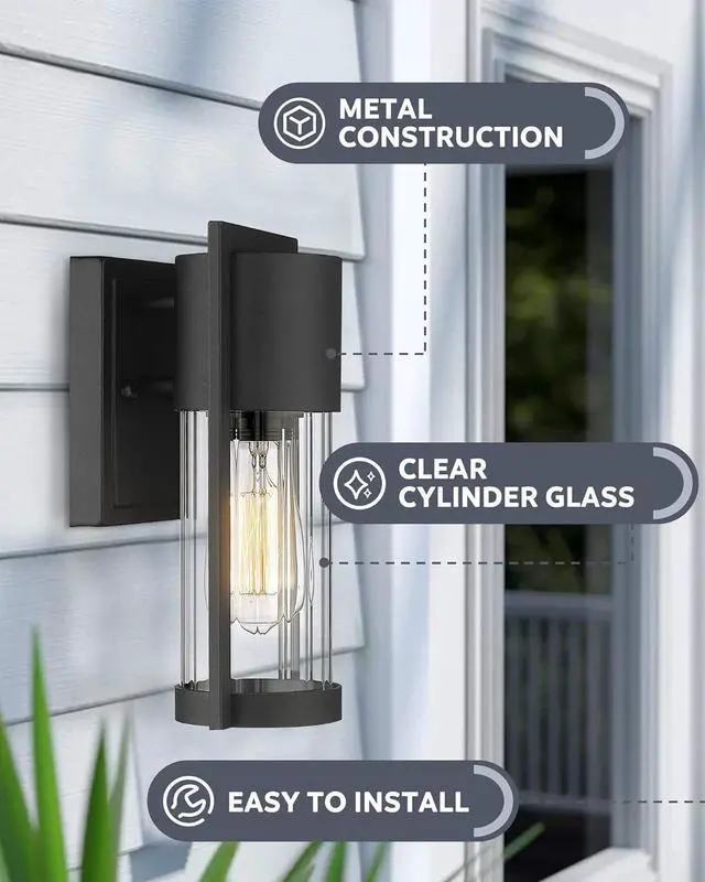 Alt view image 7 of 7 - Outdoor Wall Lights, 2 Pack Black Exterior Lighting Fixtures Outdoor Waterproof Wall Mount Lantern with Glass, Modern Outside Wall Sconce for House Porch Garage Doorway, 2254/1W-2PK