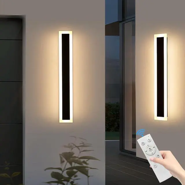 Alt view image 7 of 7 - Upgrade Widened 2 Pack 23.6inch Outdoor Wall Sconce, Dimmable Modern LED Wall Light, 3000K-6000K, IP65 Waterproof, Black Wall Mount Lighting for Exterior Home, Porch, Garage with Remote Control