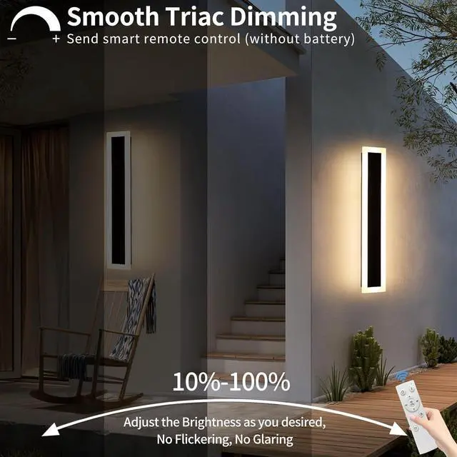 Alt view image 4 of 7 - Upgrade Widened 2 Pack 23.6inch Outdoor Wall Sconce, Dimmable Modern LED Wall Light, 3000K-6000K, IP65 Waterproof, Black Wall Mount Lighting for Exterior Home, Porch, Garage with Remote Control