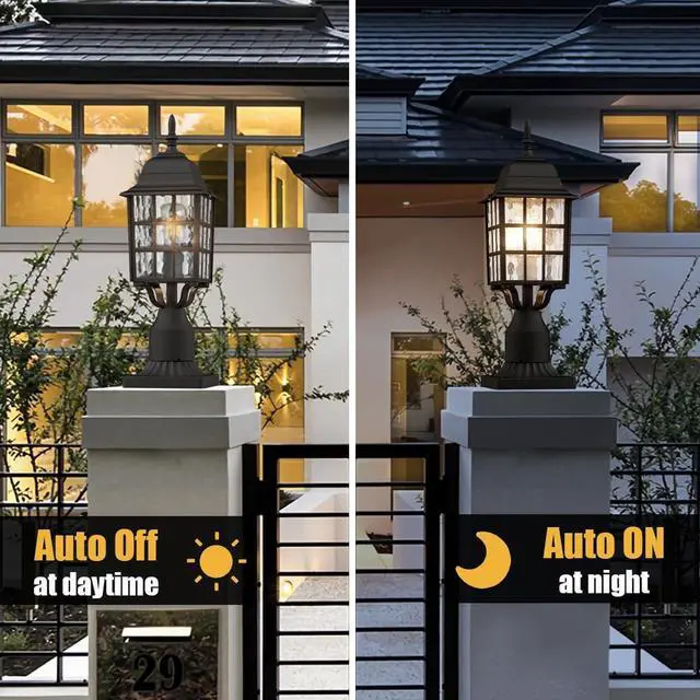Alt view image 3 of 7 - 2-Pack Dusk to Dawn Outdoor Post Light, Exterior Lamp Post Light Fixture with Pier Mount Base, Exterior Pole Lantern Light, Black with Water Ripple Glass