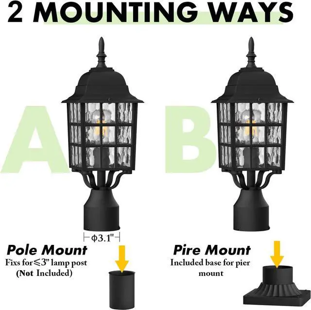 Alt view image 6 of 7 - 2-Pack Dusk to Dawn Outdoor Post Light, Exterior Lamp Post Light Fixture with Pier Mount Base, Exterior Pole Lantern Light, Black with Water Ripple Glass