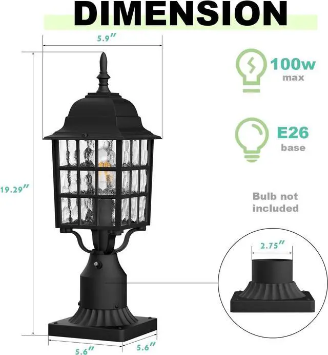 Alt view image 5 of 7 - 2-Pack Dusk to Dawn Outdoor Post Light, Exterior Lamp Post Light Fixture with Pier Mount Base, Exterior Pole Lantern Light, Black with Water Ripple Glass