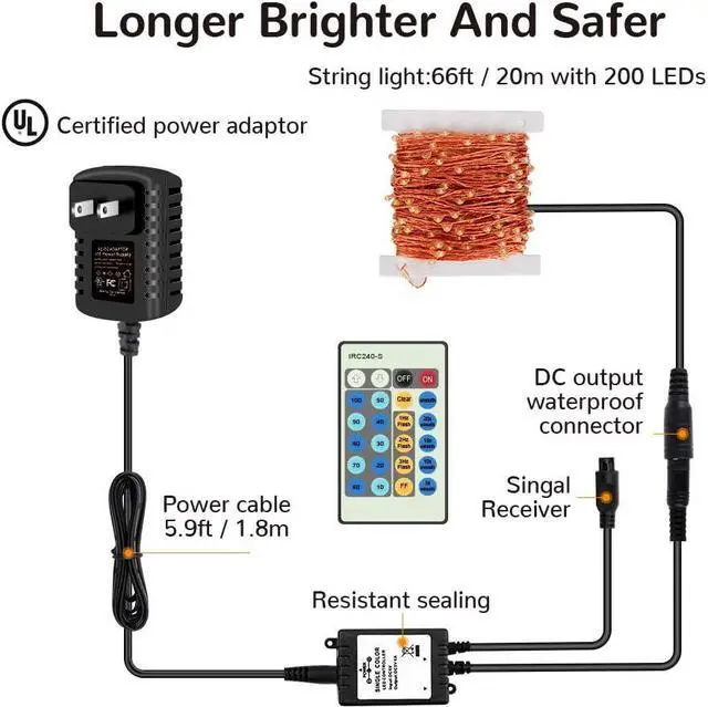 Alt view image 4 of 6 - Moobibear LED Decorative Fairy String Lights 66ft 200 LEDs Dimmable Outdoor/Indoor Starry String Lights, Warm White Copper Lights with Remote Control for Garden Room Patio Party Valentines Day Decor