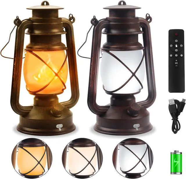 Main image of 2 Pack Bronze Vintage 4 Modes Light LED LanternsRechargeable Dancing Flame Lanterns Decorative Outdoor&Indoor, Remote Control Waterproof Hanging Lights for Camping,Patio Garden Pathway