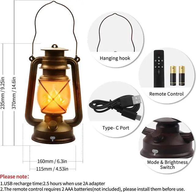 Alt view image 2 of 7 - 2 Pack Bronze Vintage 4 Modes Light LED LanternsRechargeable Dancing Flame Lanterns Decorative Outdoor&Indoor, Remote Control Waterproof Hanging Lights for Camping,Patio Garden Pathway